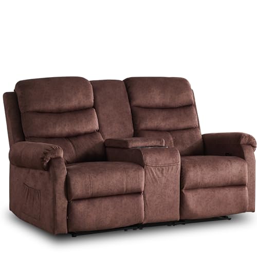 65.7" Manual Loveseat Recliner, Linen Fabric Home Theater Seating Recliner Chair with Storage Console