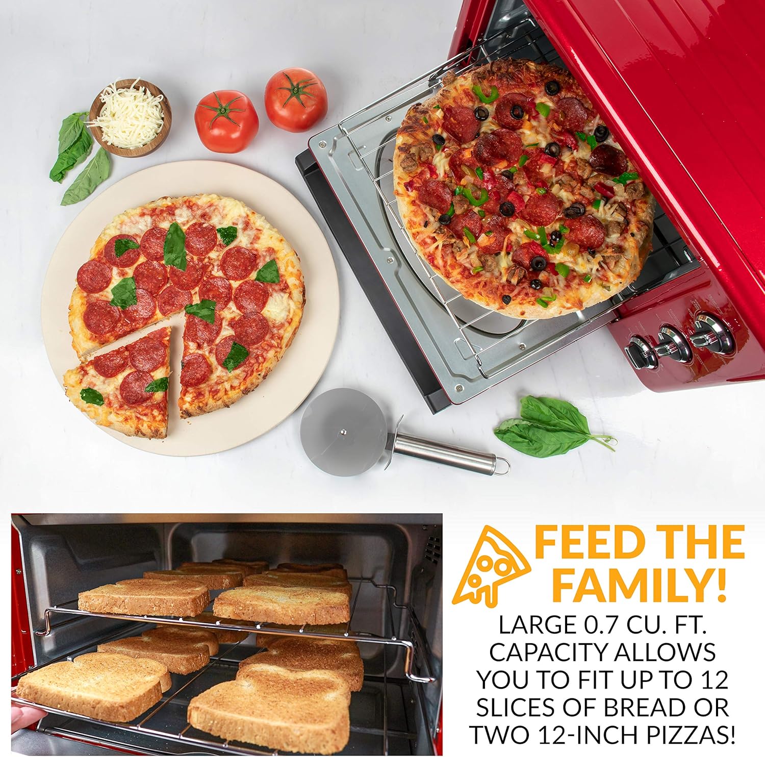 Nostalgia RTOV2RR Large-Capacity 0.7-Cu. Ft. Capacity Multi-Functioning Retro Convection Toaster Oven, Fits 12 Slices of Bread and Two 12-Inch Pizzas