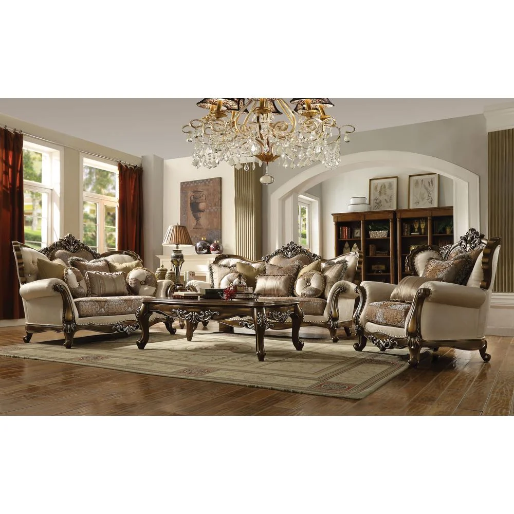 ACME  Latisha Sofa with 6 Pillows - Tan - Pattern Fabric & Antique Oak - 48 x 89 x 40 in.