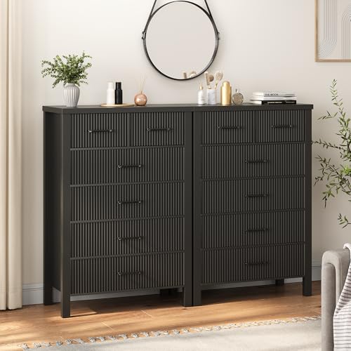 Fluted 6 Drawers Dresser for Bedroom, Tall Boho Chest of Drawers with Metal Handle, Wooden Closet Clothes Storage Organizer for Living Room