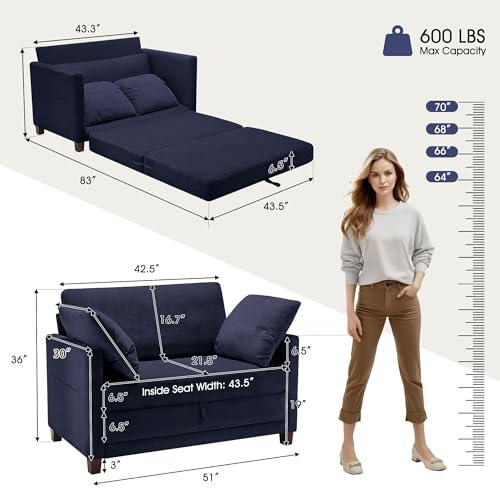 51" Loveseat Sleeper Sofa Bed, Chenille Convertible Floor Sofa Bed for Small Spaces, Folding Couch Bed with Deep Seat, 2 Pillows & Solid Frame