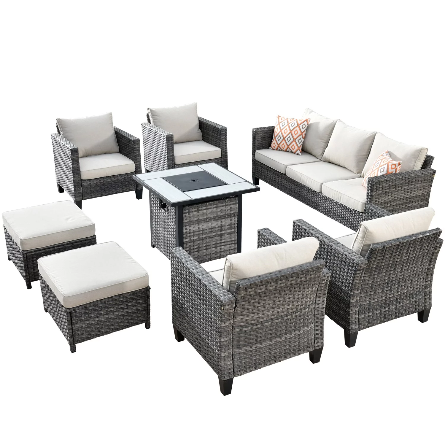 Ovios 8 Pieces Patio Outdoor Furniture Grey Conversation Set Outdoor Sectional Sofa with Gas Fire Pit CSA Approved - Radiant Selections