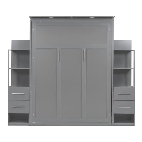 Ball & Cast Queen Size Murphy Bed,Murphy Bed Cabinet W/ 2 Five-Layer Cabinet,Hideaway Wall Bed W/LED Lights,Wood Hidden Bed Frame for Guest Room