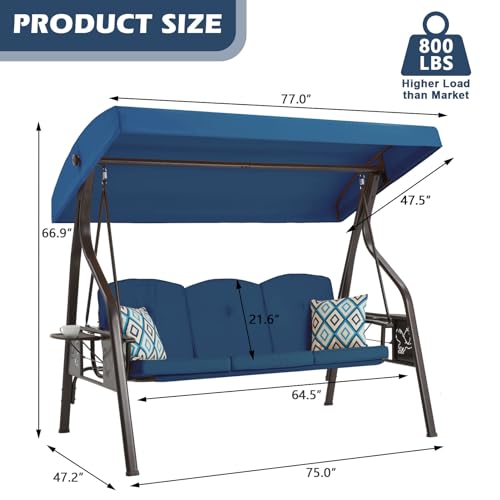 3-Seat Outdoor Porch Swing with Stand, Patio Swing with Canopy