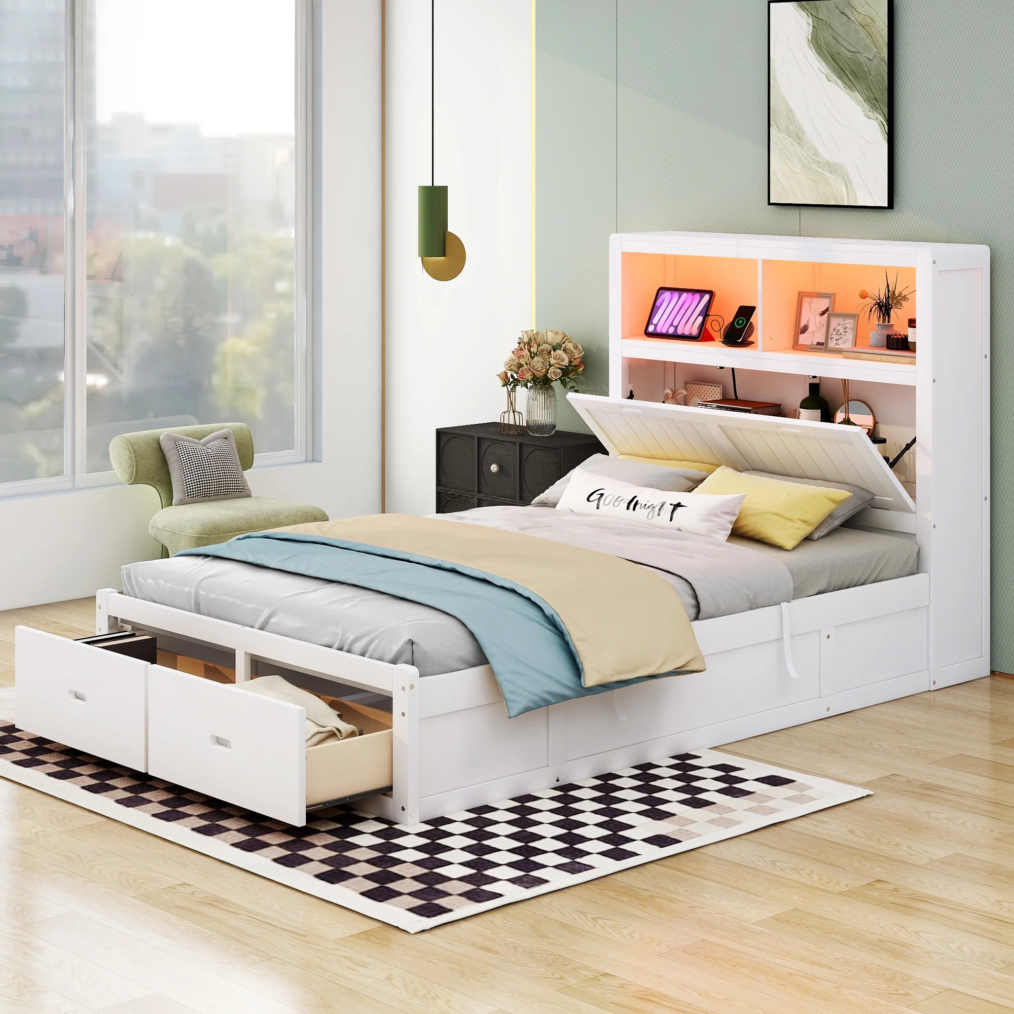 Churanty Full Size Platform Bed with Storage Shelves Headboard, Hydraulic Cabinets and 2 Drawers Underneath