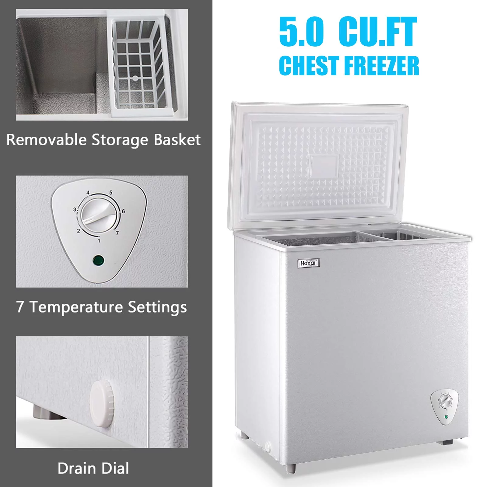 WANAI 5 Cu.ft Freezer, Chest Freezer,White