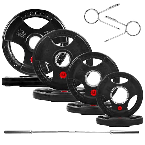 Olympic Cast Iron 2-Inch Weight Plates Including 5FT Olympic Barbell Bar & Safely Locks, 100 Pounds Set (85 lbs Plates + 15 lbs Barbell Bar)