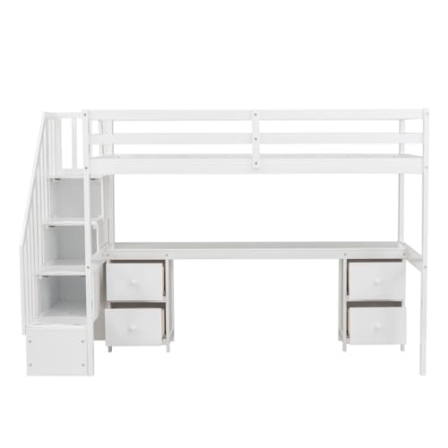 Loft Bed Twin Size, Twin Loft Bed with Desk and 2 Drawers, Storage Stairs, High Guardrail, Pine Frame, Space Saving, Wood Loft Bed for Bedroom (Gray)