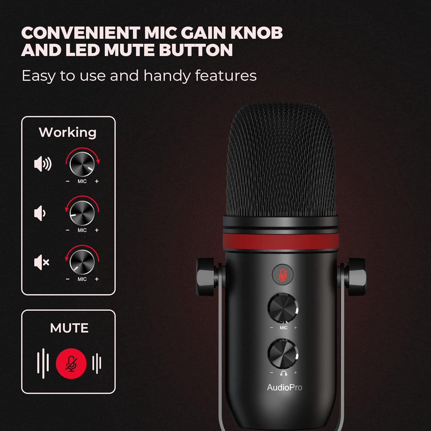 USB Microphone - AUDIOPRO Computer Condenser Gaming Mic for PC/Laptop/Phone/PS4/5, Headphone Output, Volume Control, USB Type C Plug and Play