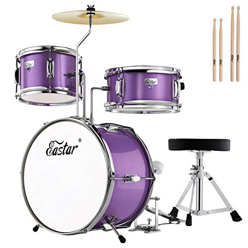 Kids Drum KIt Eastar 3-Piece for Beginners, 14 inch Drum Set with Adjustable Throne, Cymbal, Pedal & Two Pairs of Drumsticks