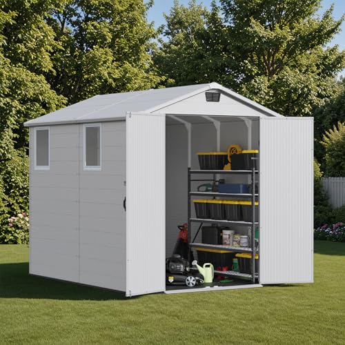 Patiowell 6 x 8 FT Plastic Outdoor Storage Shed with Floor, Resin Outside Tool Shed with Two Windows and Lockable Easy to Install, Door for Garden