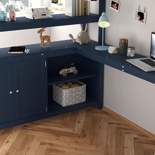 Harper & Bright Designs Full Size Loft Bed with Wardrobe and L-Shaped Desk, Metal Loft Bed with Storage Cubes, Cabinet, Shelves for Kids Teens, White