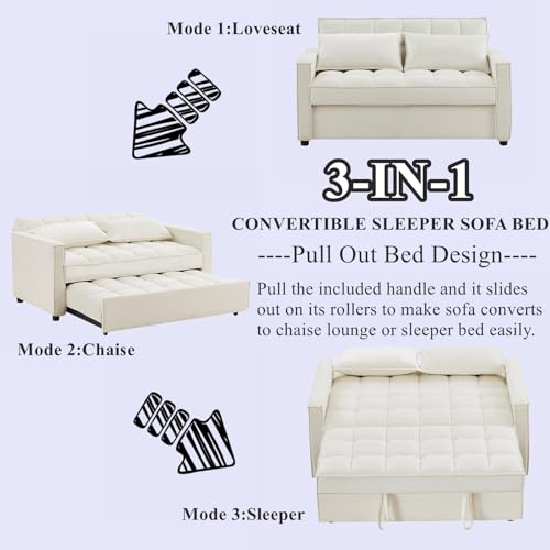 Convertible Sofa Bed, 3 in 1 Velvet Sleeper Loveseat with Pull Out Bed, Adjustable Backrest, 2 Pillows and 2 Foldable Side Table