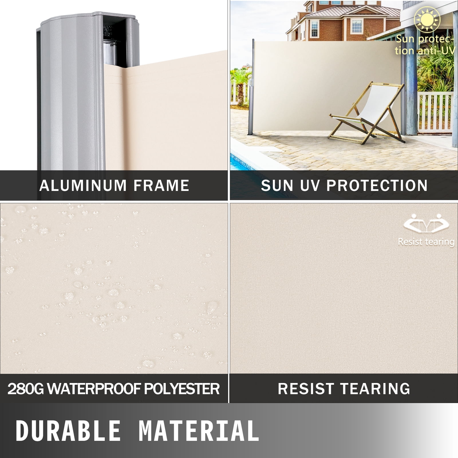 VEVORbrand Retractable Side Awning 118" x 71", Retractable Patio Screen Waterproof, Retractable Room Divider Creamy-White for Privacy, Garden