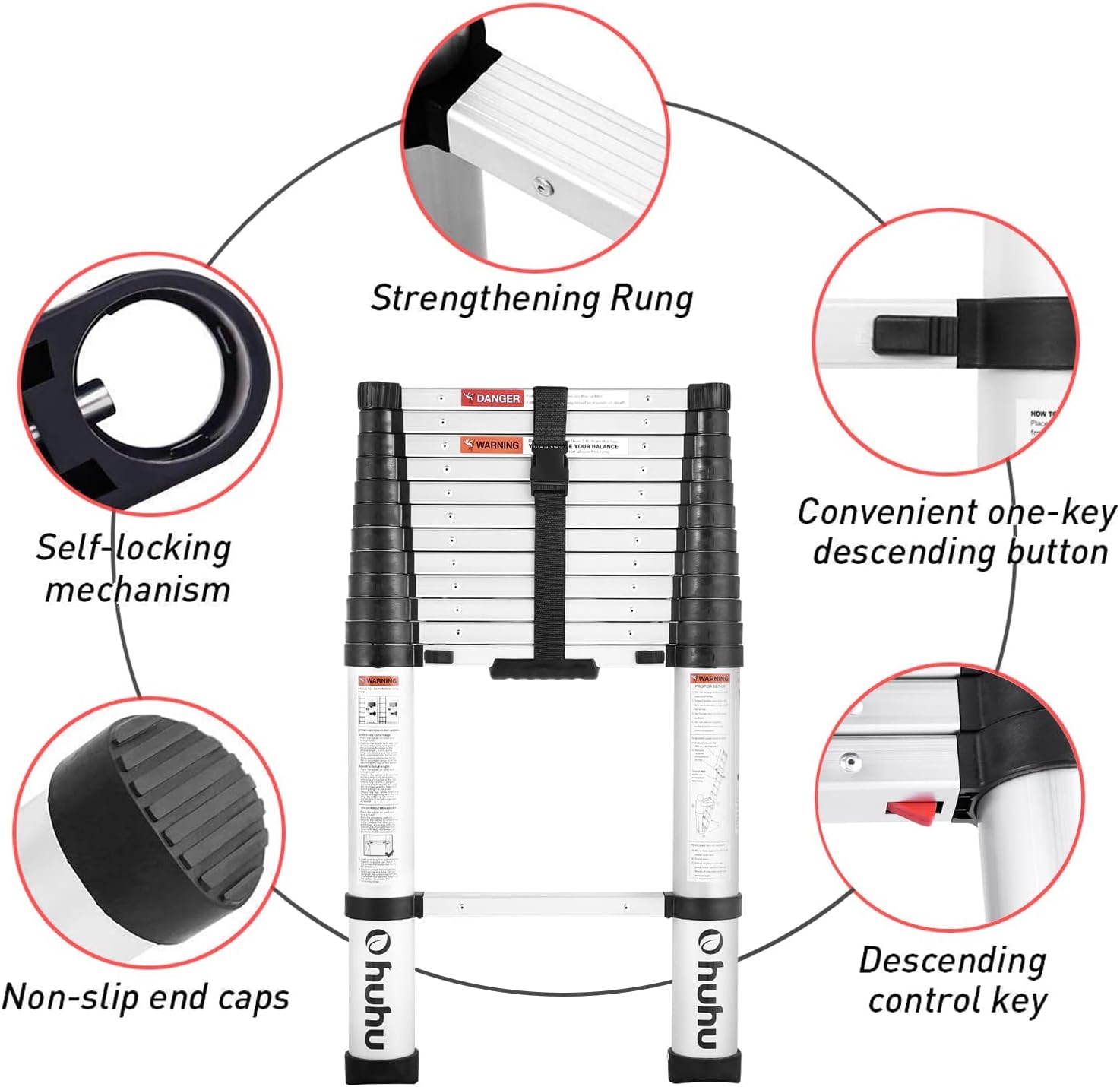 Telescoping Ladder, Ohuhu Upgraded 12.5 FT Aluminum One-Button Retraction Extension Ladder ANSI Certified Retractable Collapsible Ladders