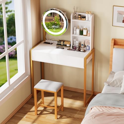 Vanity Desk with Mirror and Lights, Makeup Vanity with Power Outlet & 3 Lighting Modes, White Vanity with Chair & Drawers