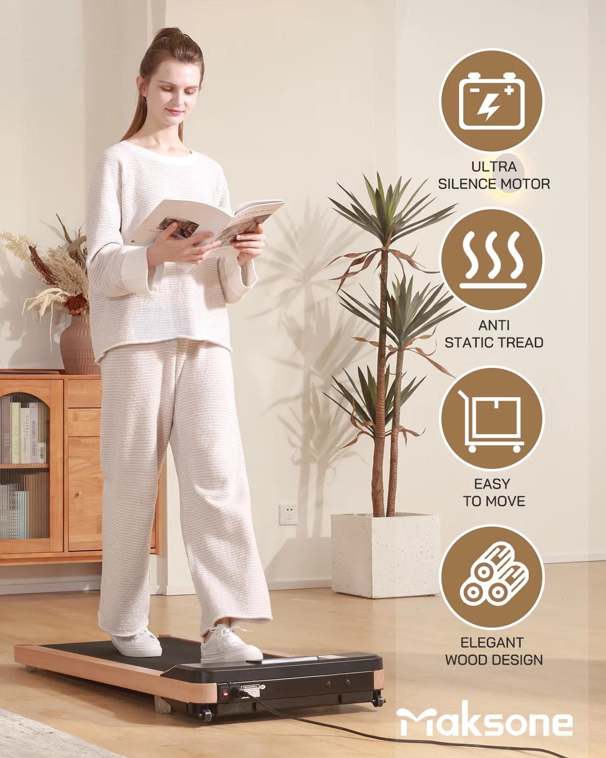 Maksone 2.25HP Installation-Free Under Desk Natural Wood Treadmill with Remote Control