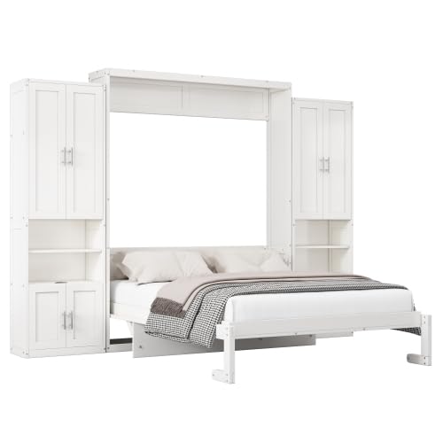 Queen Size Murphy Bed with Desk & Charging Station,Wall Bed Frame Folding into Cabinet Design w/LED & Storage Shelf for Small Space,Bedroom