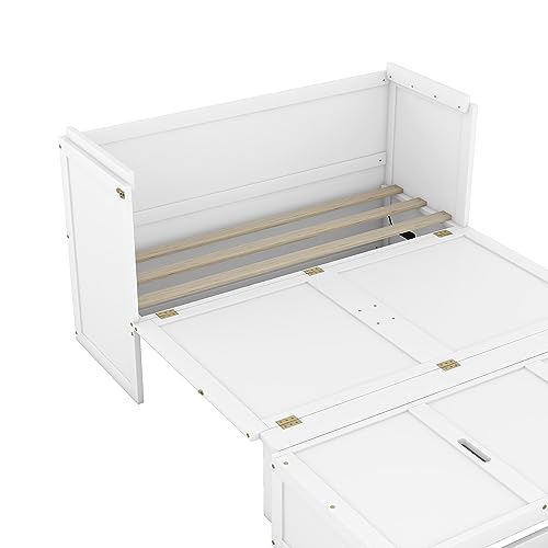 Ball & Cast Queen Size Solid Pine Murphy Bed Chest,Cabinet Hideaway Bed with Charging Station and Large Storage Drawer,Wood Wall Bed can be Folded