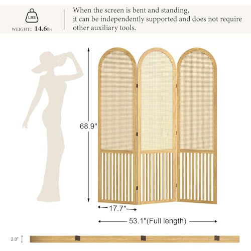 Room Divider and Folding Privacy Screens, Pine Wood 5.6 Ft Double Hinged Rattan Partition Freestanding Wall Room Divider for Home - 3 Panels