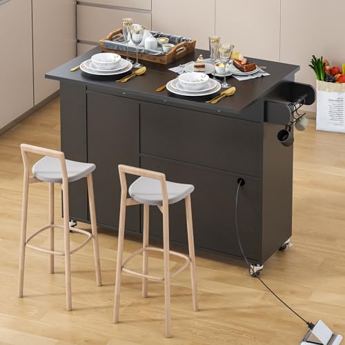 Kitchen Island with Drop Leaf, Rolling kitchen island with power outlet and Led Light, Kitchen Island with Storage Cabinet, Spice Rack, Drawer