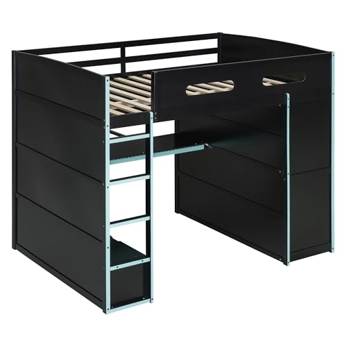 Gaming Bed with Desk,Wardrobe,Ample Storage Space,and RGB LED Light, Full Size Wood Loft Bed for Kids Bedroom (Cloud Blue/K)