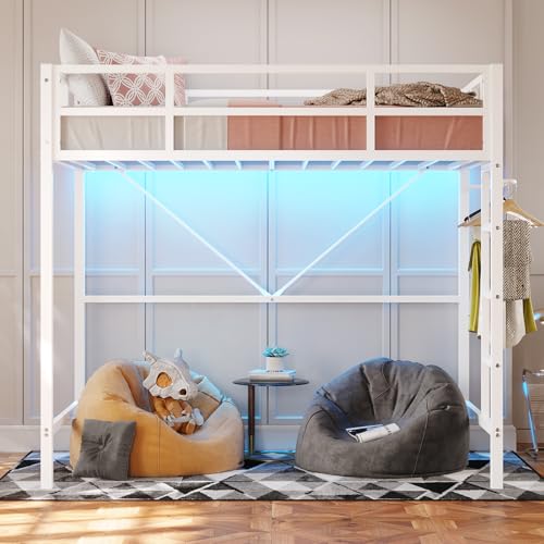 DICTAC Loft Bed Twin Size with Ladder and Guardrail,Metal Twin Loft Bed with Led Lights,Small Space Saving Furniture Design for Bedroom