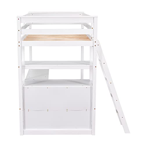 Full Size Loft Bed with Desk & Wardrobe, Solid Wood Kids Loft Bedframe w/3 Storage Drawers & 2 Shelves, Maximum Space Design, for Bedroom, Dorm, Gray