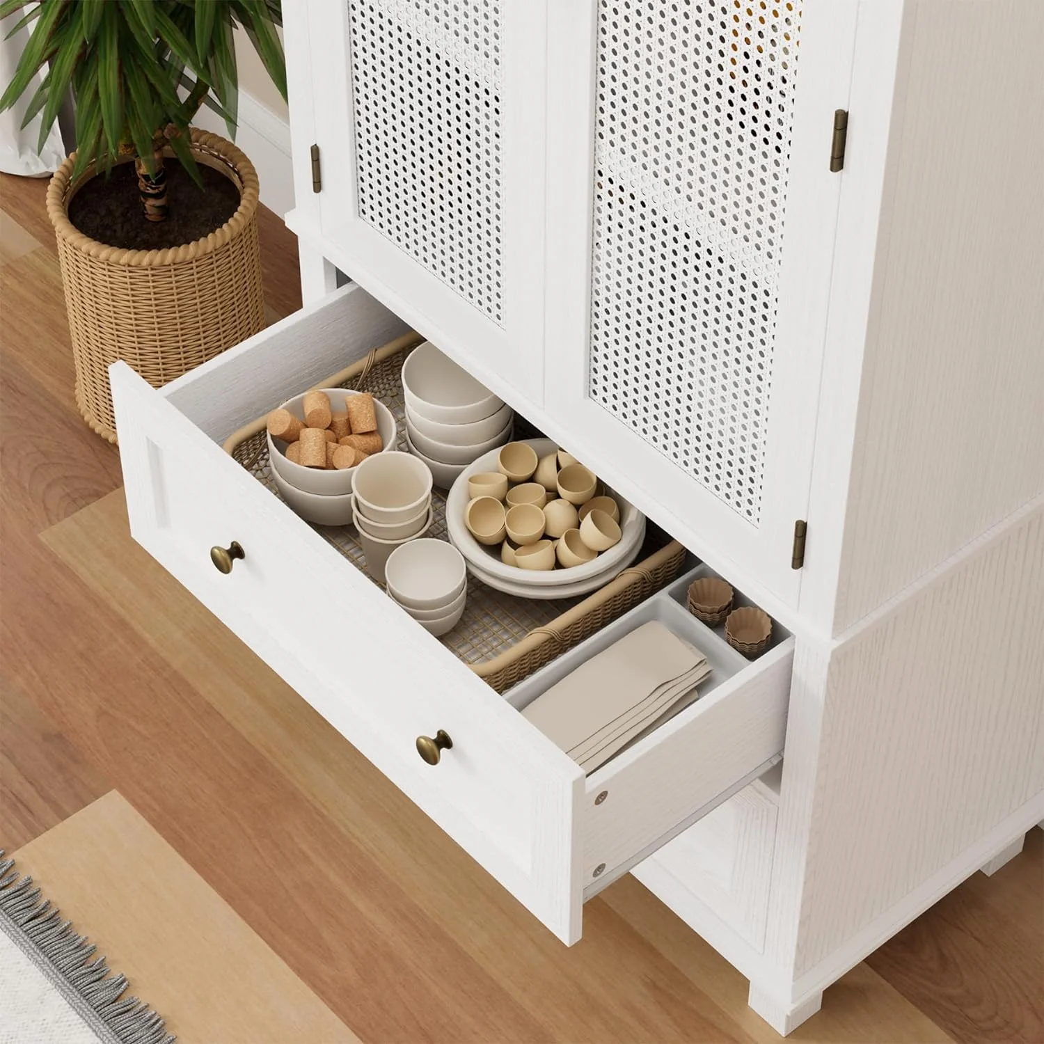 Kitchen Pantry Storage Cabinet, Tall Cabinet with Rattan Doors and 2 Drawers, Freestanding Cupboard with Adjustable Shelves