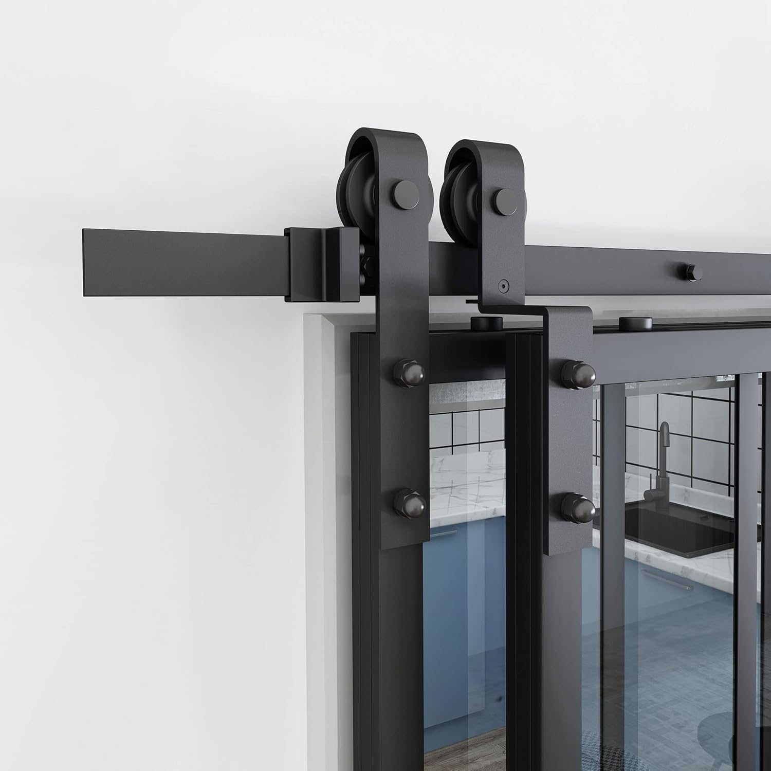 JUBEST Double Barn Door 60 x 84 in with 6.6FT Hardware Kit, 2 Sets of 30x84 in Clear Tempered Glass Aluminum Frame Barn Door,Pocket Interior Door
