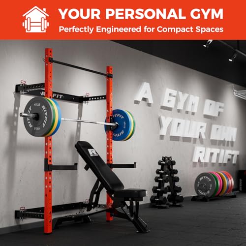RitFit Multi-Functional Folding Squat Rack for Home Gym, 2.36'' x 2.36'' Wall Mounted Squat Rack with Attachments - Space Saving Squat Power Rack
