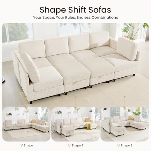 KKL Modular Sectional Sofa Bed with Storage Ottoman, Convertible L/U-Shaped Sleeper Couch for Living Room, Modern Reversible Design, Beige