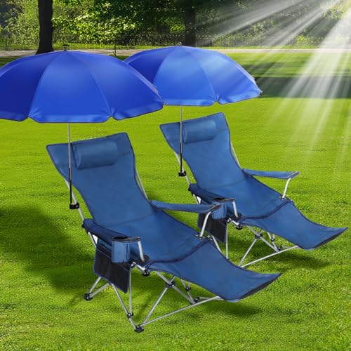 Karenhi 2 Set Beach Camping Chair with Umbrella for Adult Folding Reclining Camping Chair with Foot Rest Adjustable Clamp Canopy Shade for Outdoor