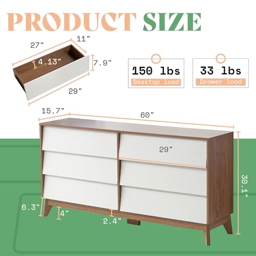 AMERLIFE 6 Drawer Dresser for Bedroom, 60" Mid-Century Wood Storage Closet Chest of Beveled Drawers, Modern TV Stand Dressers Organizer for Bedroom
