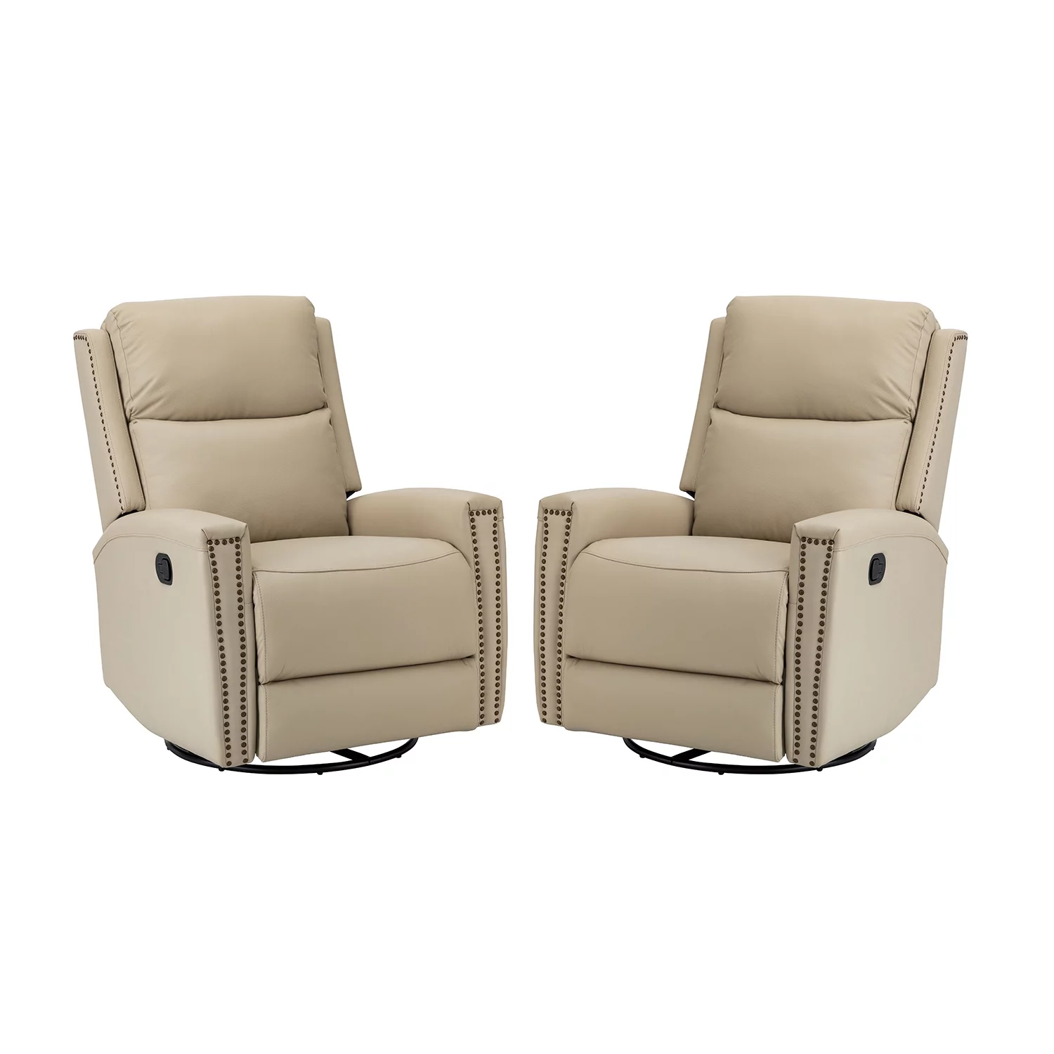 ARTFUL LIVING DESIGN Genuine Leather Swivel Rocker Recliner Set of 2 with Nailhead Trims & Swivel Base, Beige