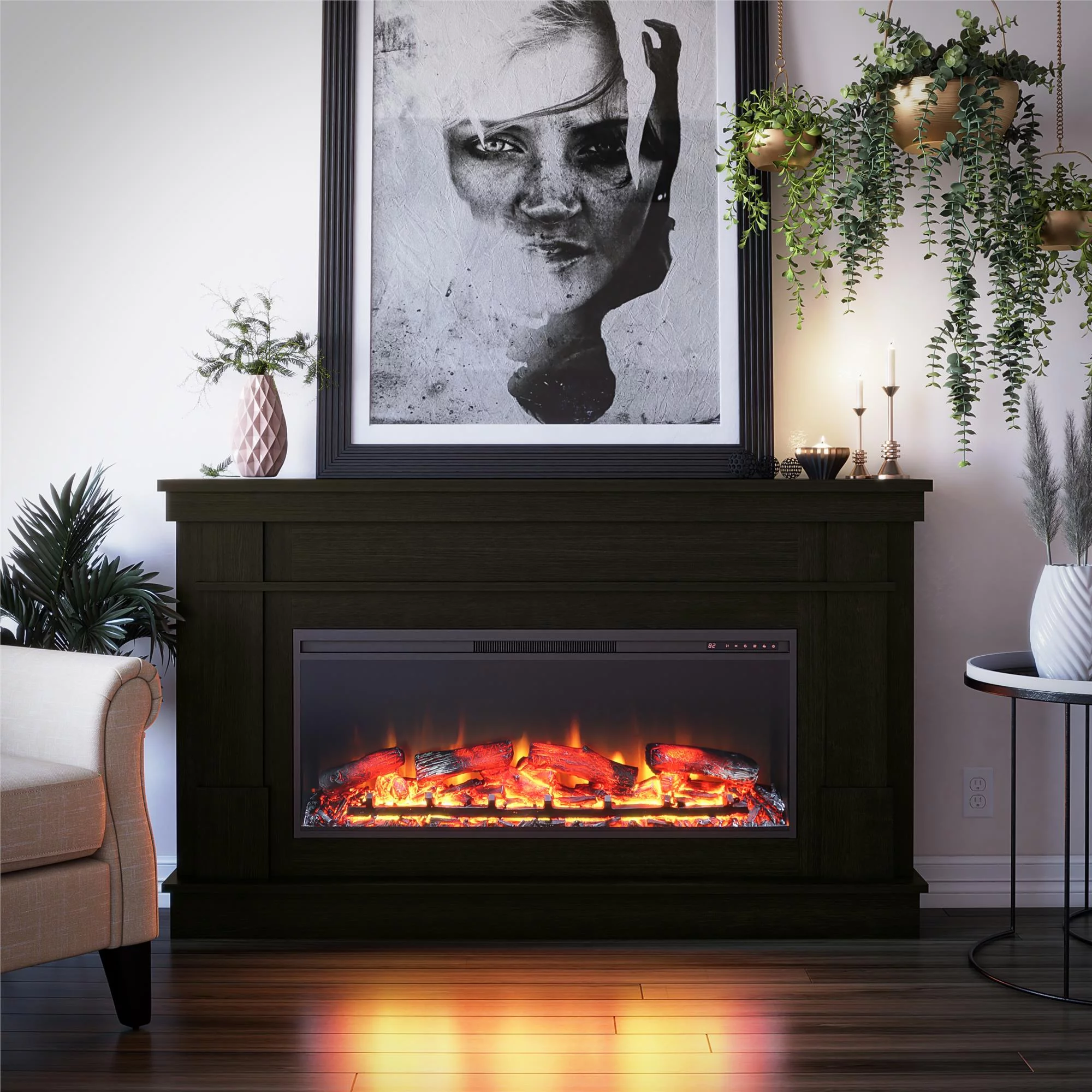 Elmcroft Wide Mantel with Linear Electric Fireplace, Charred Oak