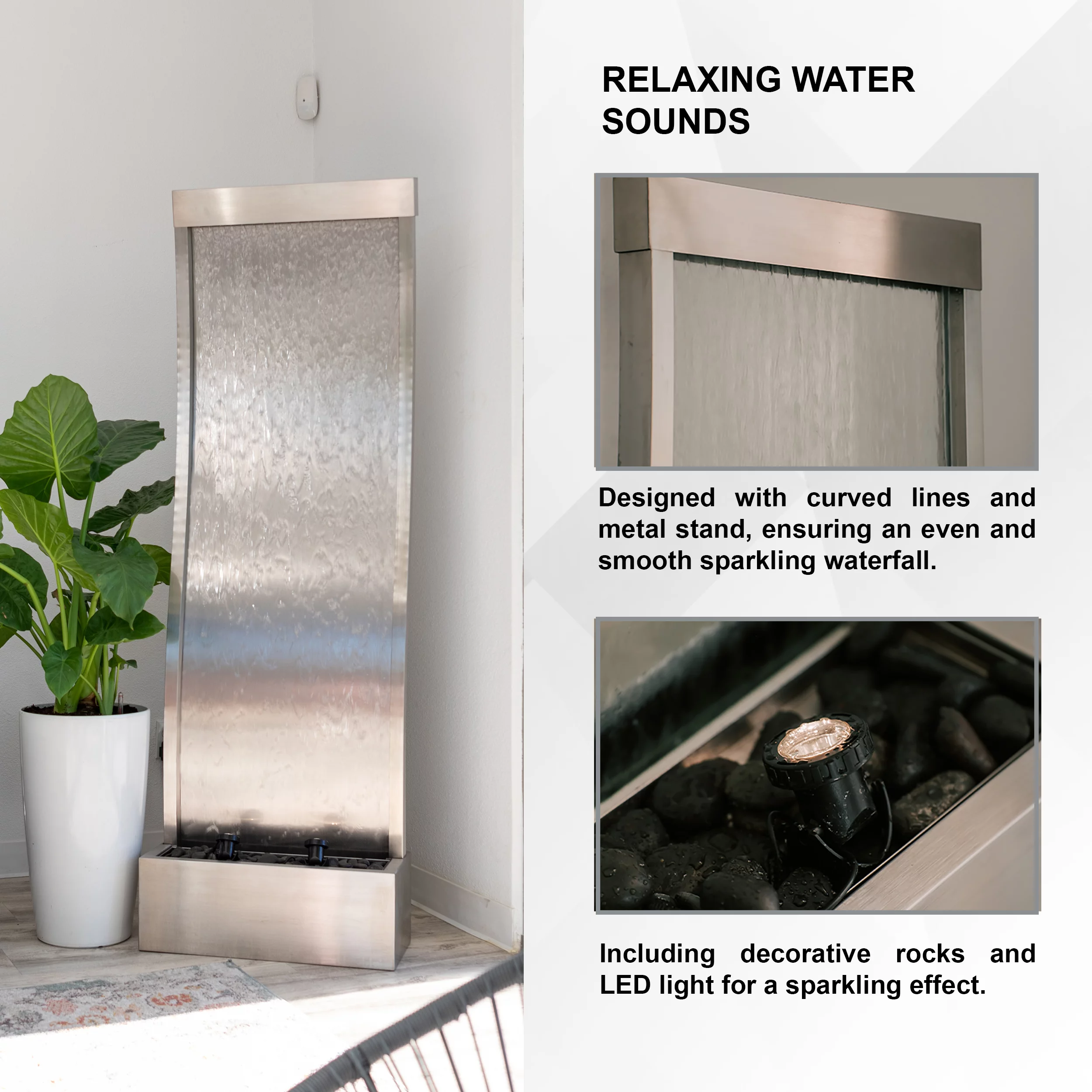 XBrand 72" Steel/Glass Free-Standing Mirror Waterfall Fountain w/ Pump, LED Lights and Rocks, Modern Mirror Fountain, Home and Garden D&eacute;cor