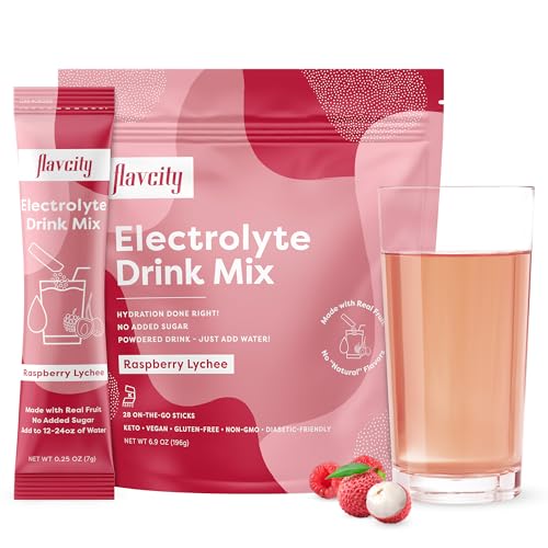 FlavCity Raspberry Lychee Electrolytes Drink Mix, 28 On-The-Go Stick Packs - Healthy Electrolytes Powder Packets Made with Real Fruit