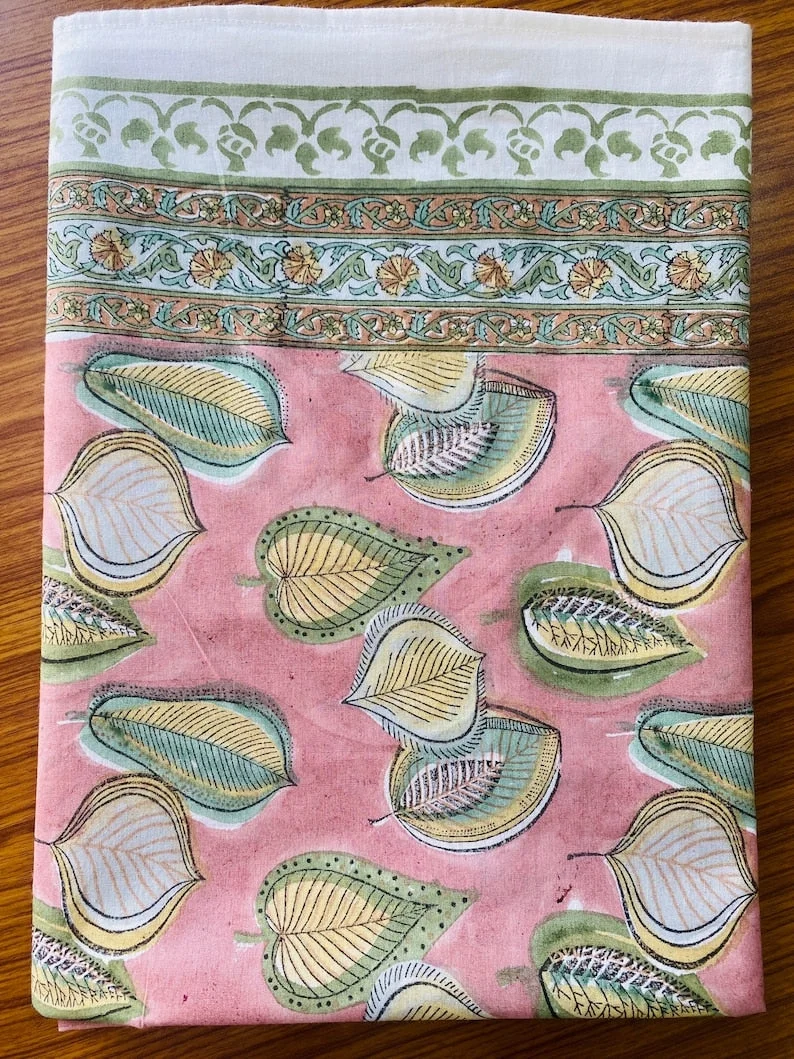 Salmon Pink Indian Hand Block Leaves Printed Cotton Tablecloth, Table Cover, Housewarming Home Wedding Events Party Picnic Restaurant Gifts