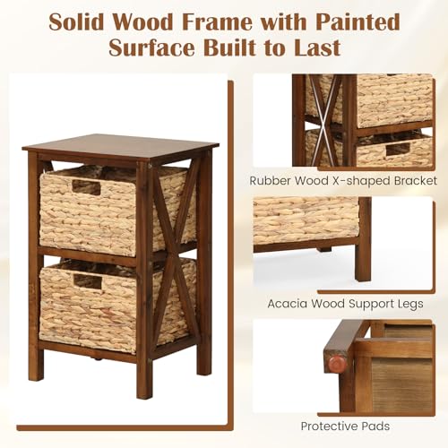 Giantex 2-Tier Nightstand with Wicker Baskets Set of 2, Wooden X-Design Side Table End Table, Beside Table with Acacia Wood Legs