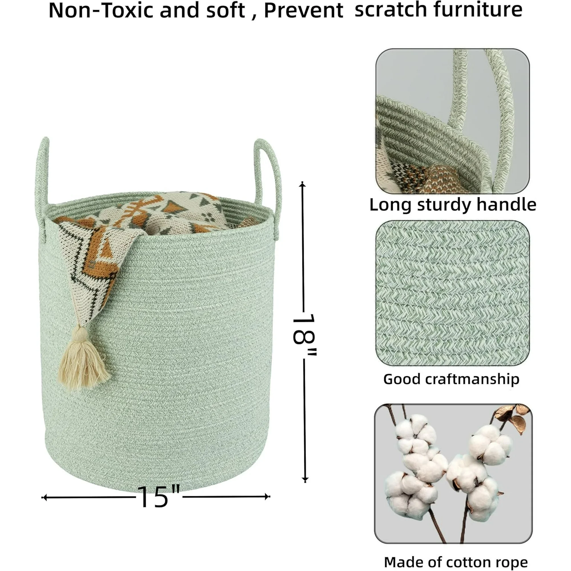 WarmHaven Cotton Rope Laundry Basket Hamper for Clothes Woven Storage Basket for Living Room Bedroom Boho Tall Rope Baskets for Blanket Toys Pillow