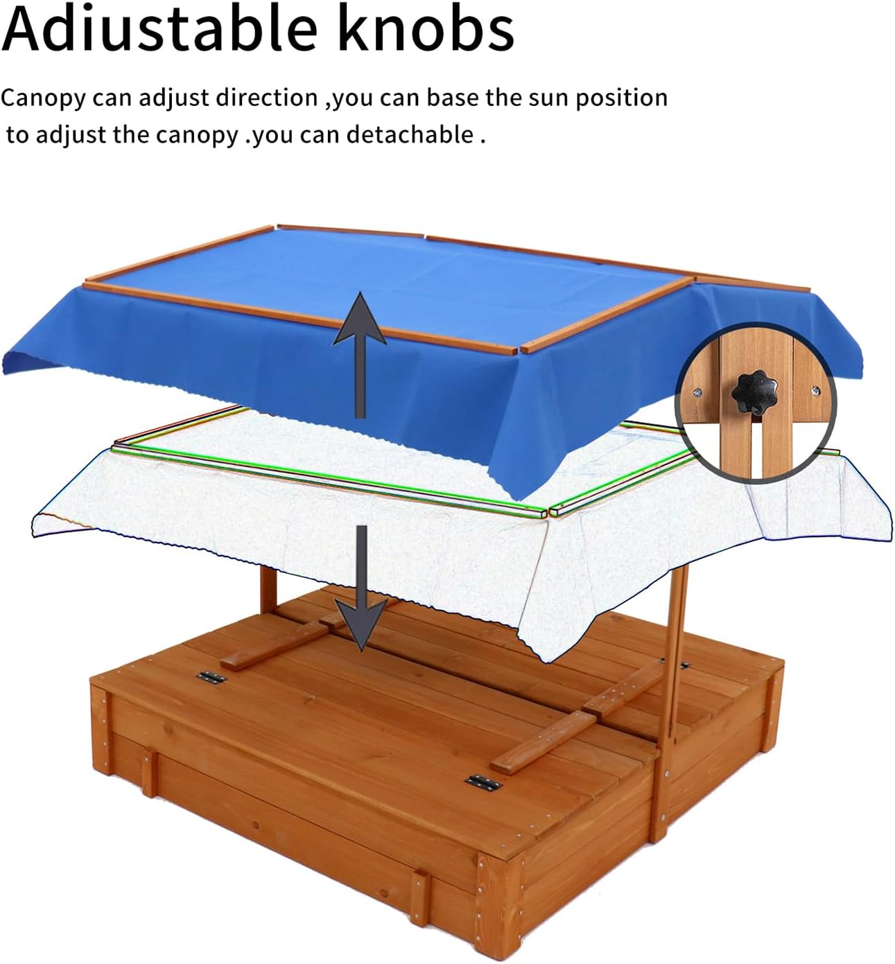 Wooden Cedar Sand Box, Large Kids Sand Boxes with Adjustable Canopy, 2 Foldable Bench Seats, Sand Protection, Bottom Liner