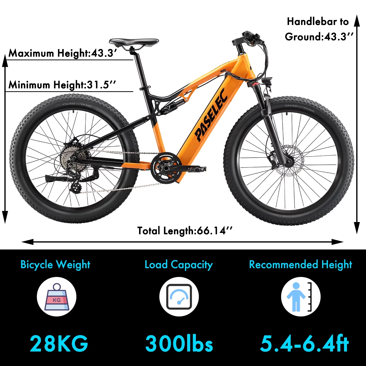Paselec 750W Peak 27.5" Electric Mountain Bicycle Snow Ebike, 3.0" Fat Tire Electric Bike with 48V 17.5Ah Li-Ion Battery
