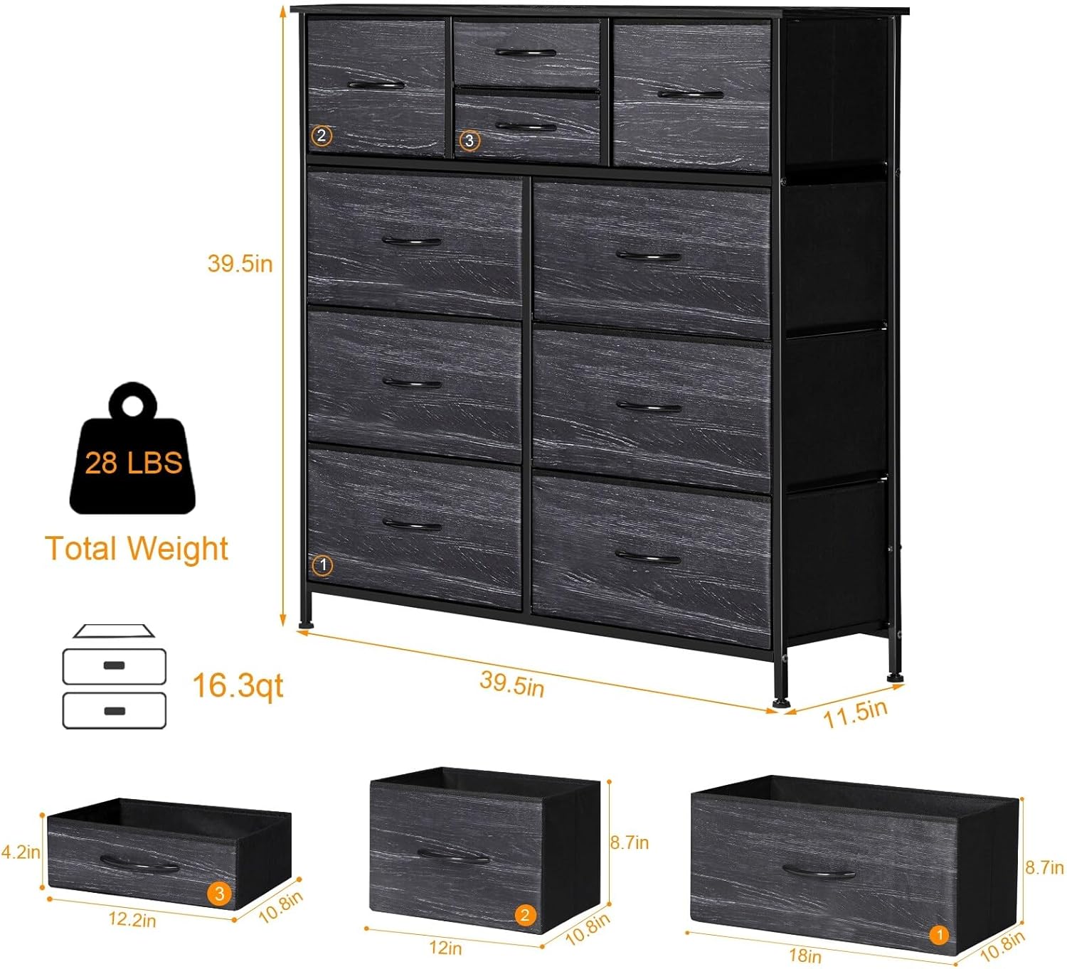 10 Drawers Dresser with Wood Top Steel Frame Black Fabric Metal