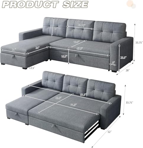 Ball & Cast Convertible Sofa Bed with Reversible Storage Chaise,Linen Sleeper Sofa Couch L Shaped Pull Out Couch Bed
