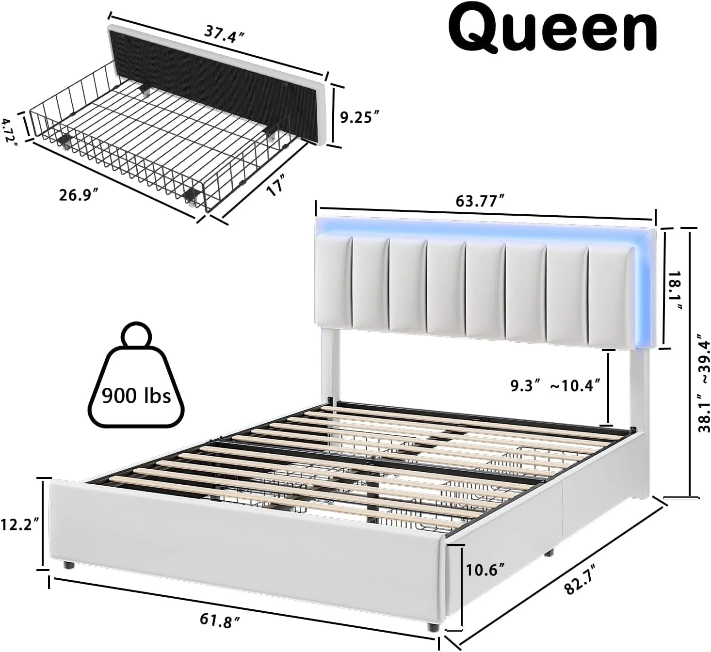 Queen Size Bed Frame with Smart LED Lights Headboard & 4 Drawers, Upholstered Bed Frame Queen with Storage, Modern Faux Leather White Bed Frame