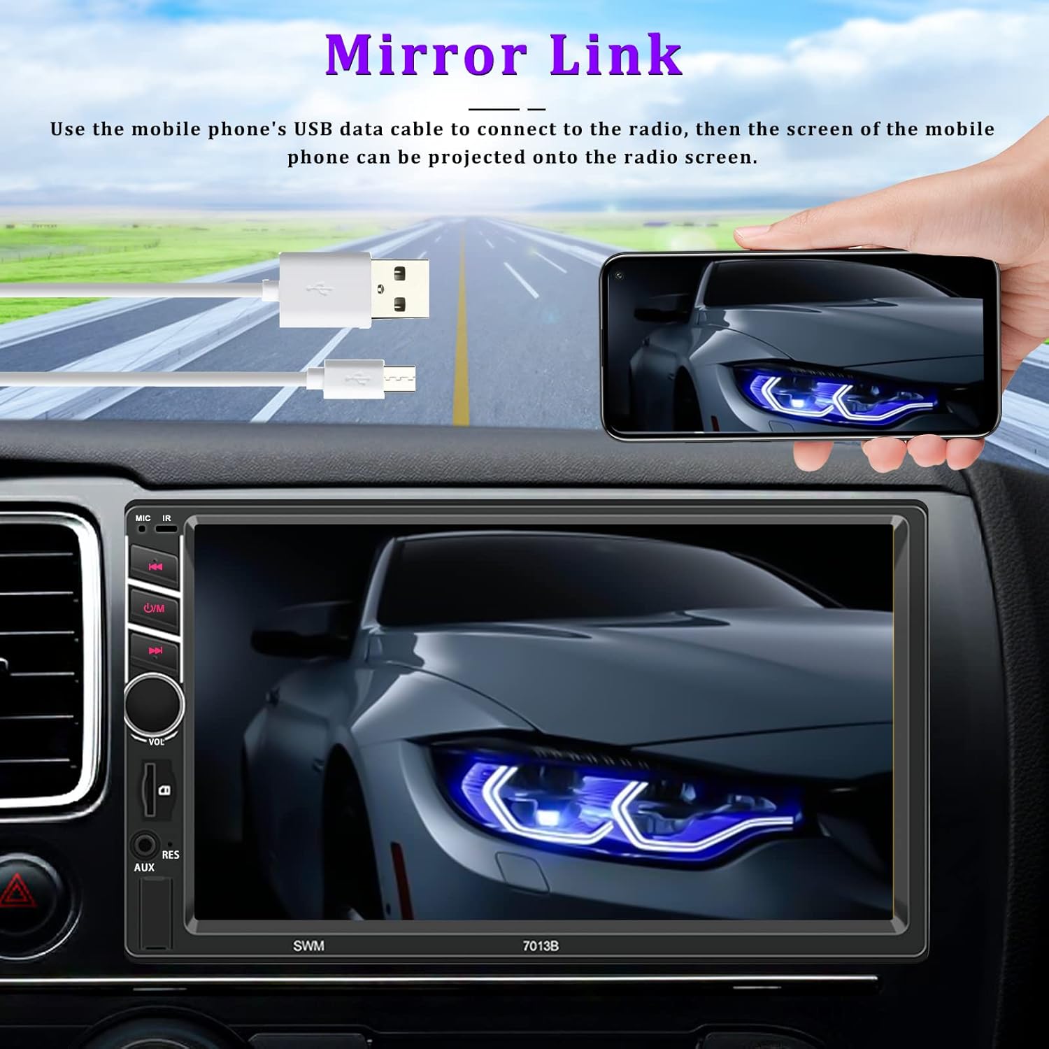 Double Din 7 inch Car Stereo with CarPlay Android Auto HD Touch Screen Multimedia Head Unit MP5 Player FM Receiver Support Bluetooth Mirror Link SWC
