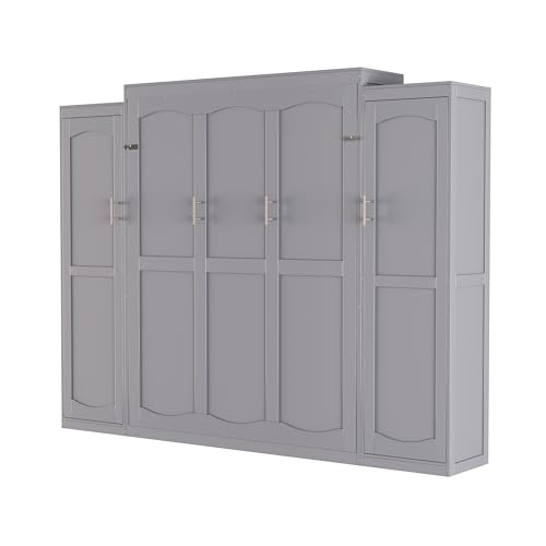 Harper & Bright Designs Full Size Murphy Bed, Wood Full Wall Bed with Two Closets and Storage Shelf