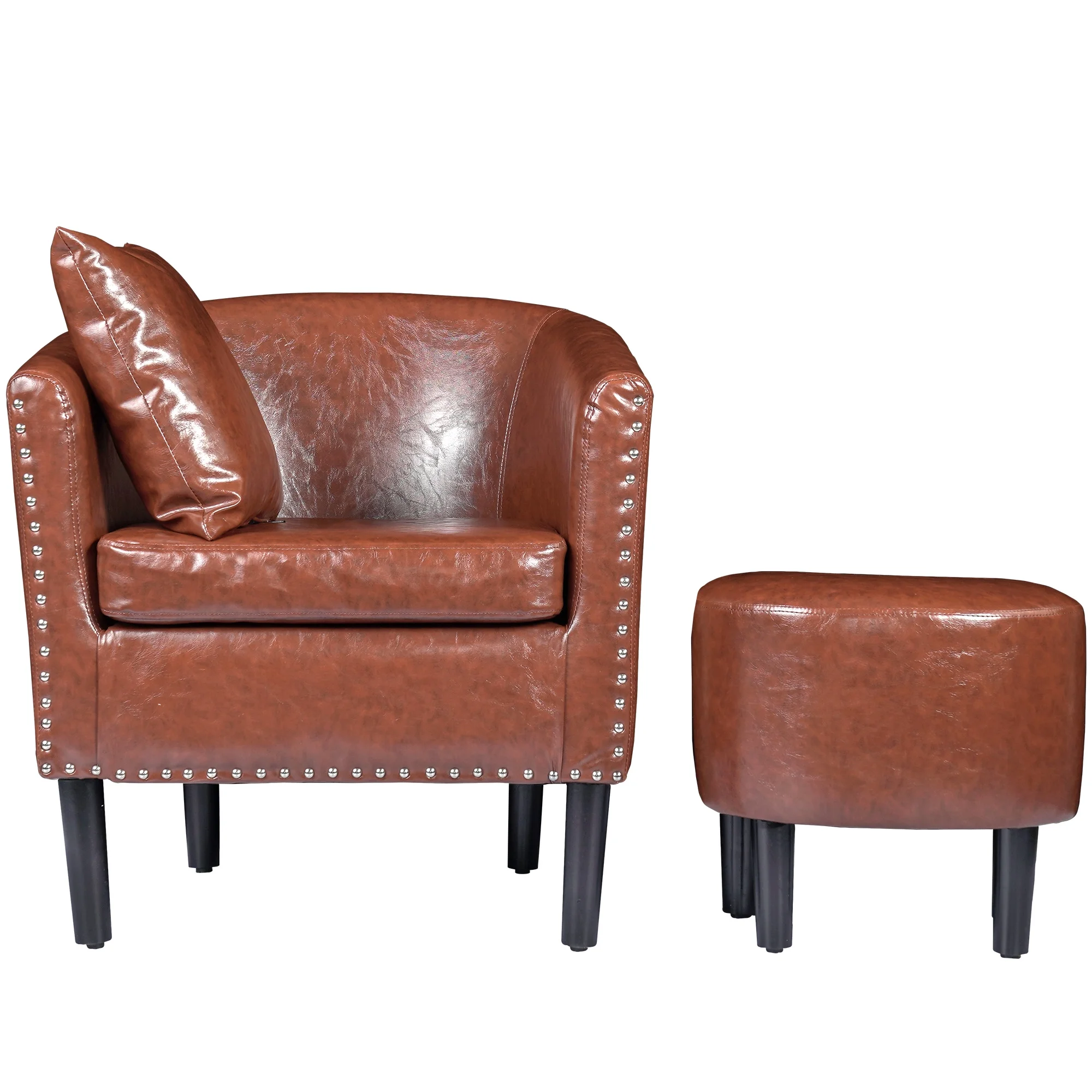 Living Room Chairs Faux Leather Modern Club Chair with Ottoman Cozy Arm Chair with 1 Pillow Brown