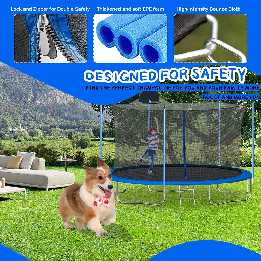 Highsound 12 FT Trampoline for Adults/Kids with Safety Enclosure Net, Basketball Hoop and Ladder